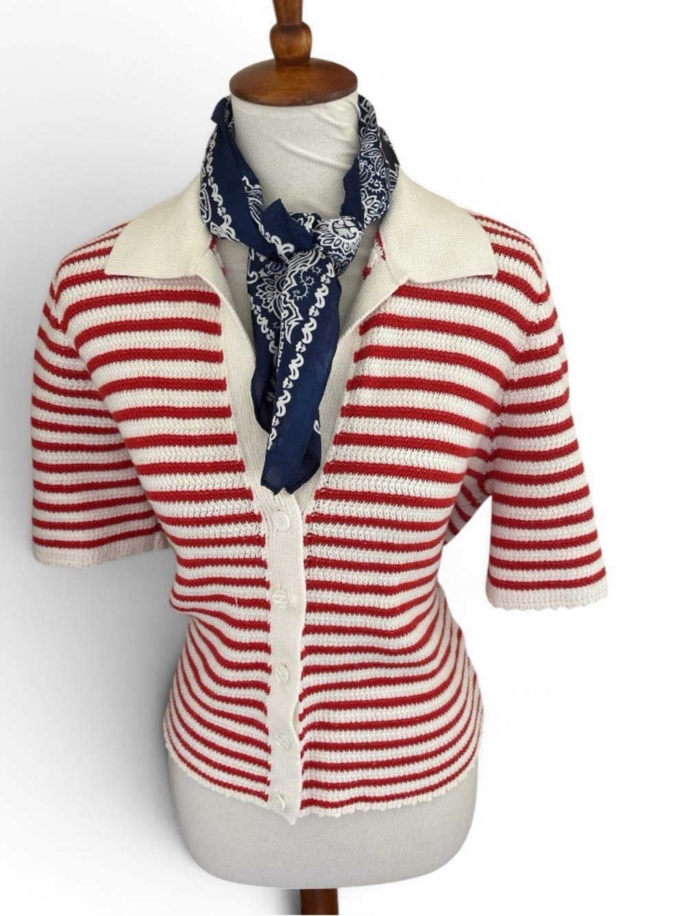 Abercrombie Red and White striped Short-Sleeve Knit Cardigan Sweater